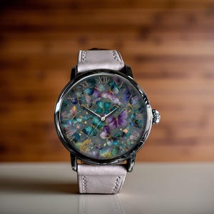 Watercolor Butterfly Leather Watch, Watercolor Butterflies Aesthetics Mechanical Watch, Mechanical Wrist Watch, Lady Size Mechanical Watch