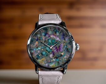 Reloj de pulsera mecánico de cuero con arte de mariposa en acuarela