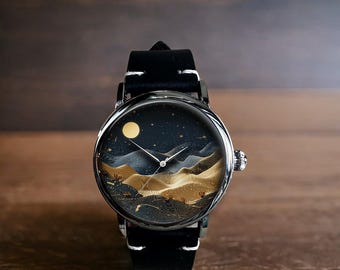Sand Dunes Moon Stars Art Mechanical Leather Wrist Watch