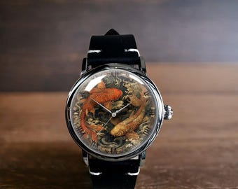 Japanese Koi Fish Art Mechanical Leather Wrist Watch