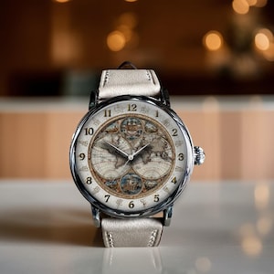 Puede incluir: Un reloj de pulsera plateado con una correa de cuero color crema. La esfera del reloj presenta un diseño de mapa del mundo vintage con números romanos. El reloj tiene un estilo clásico y elegante.