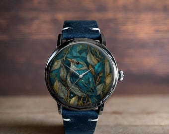 Stained Glass Bird Small Bird Art Mechanical Leather Wrist Watch