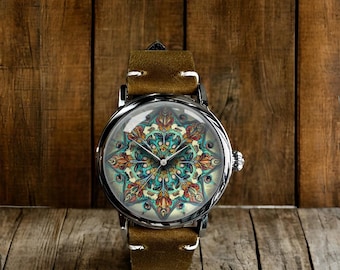 Mandala Pattern Art Mechanical Leather Wrist Watch