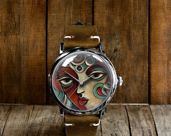 Reloj de pulsera mecánico de cuero de arte abstracto