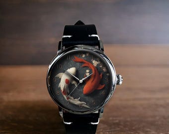 Japanese Koi Fish Art Mechanical Leather Wrist Watch