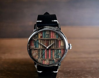 Libros de biblioteca antiguos, arte, reloj de pulsera mecánico de cuero