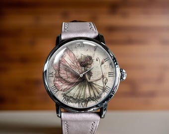 Vintage Floral Fairy Art Mechanical Leather Wrist Watch