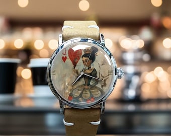 Queen Playing Card Art Mechanical Leather Wrist Watch