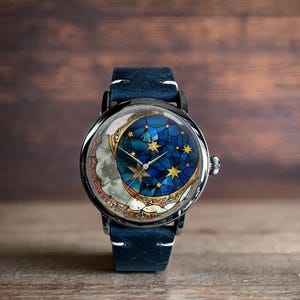 Stars Moon Mechanical Leather Watch, Stars Mechanical Watch, Mechanical Wrist Watch, Lady Size Mechanical Watch