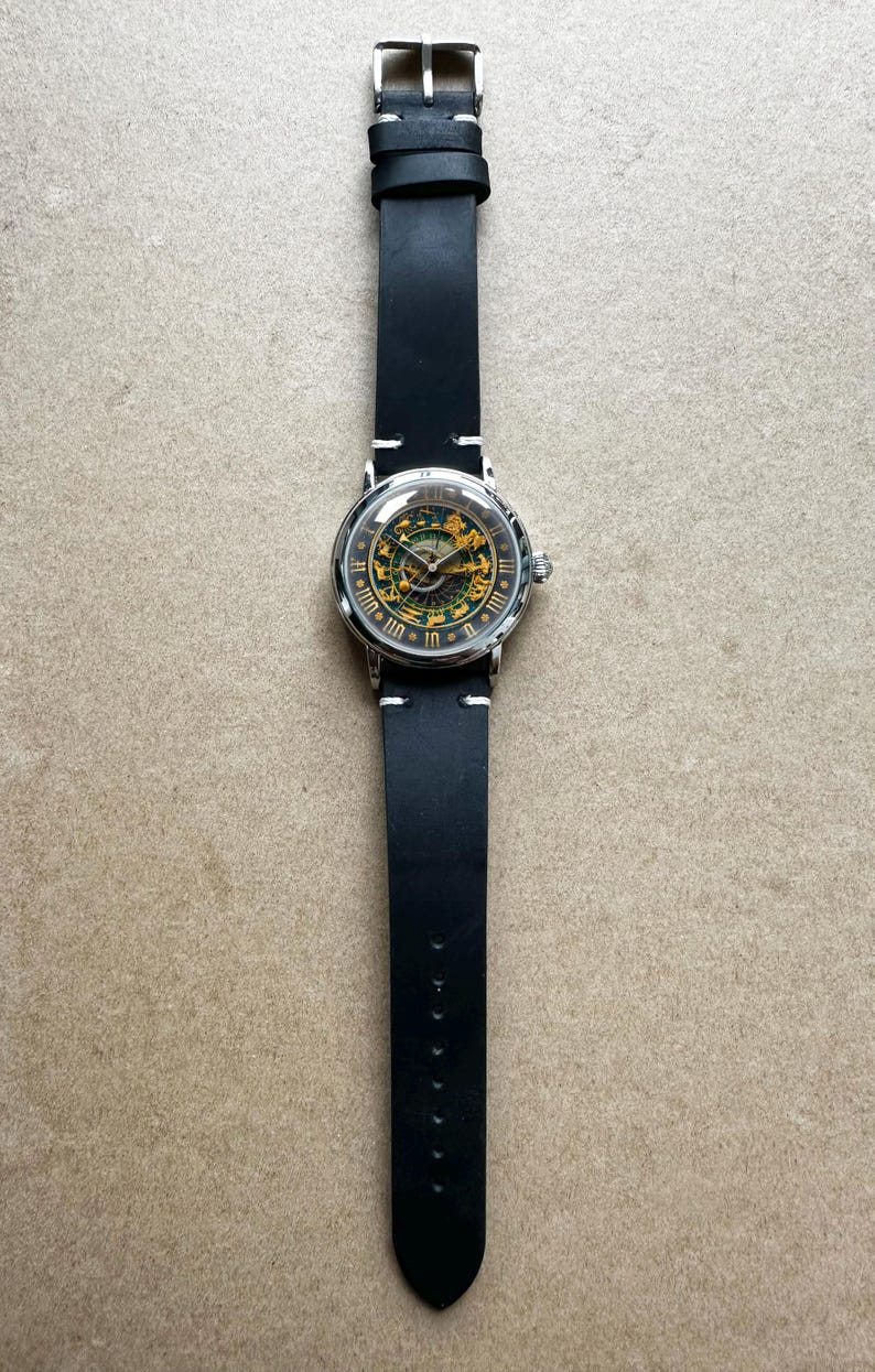 Retro Style Zodiac Signs Astronomical Art Mechanical Leather Wrist Watch image 3