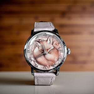 Sleeping Fox Mechanical Leather Watch, Lovely Fox Mechanical Watch, Mechanical Wrist Watch, Lady Size Mechanical Watch