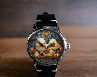 Ghosts Stained Glass Pattern Art Mechanical Leather Wrist Watch