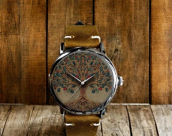 Vintage Baum des Lebens Kunst Mechanische Leder Armbanduhr