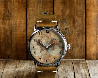 Vintage World Map Art Mechanical Leather Wrist Watch