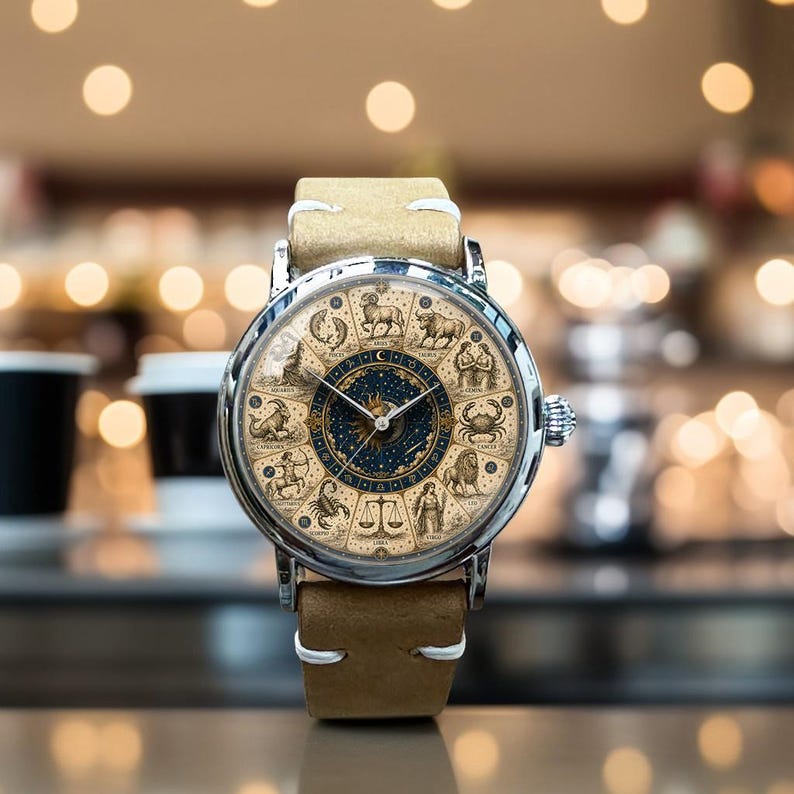 Puede incluir: Un reloj de pulsera plateado con una correa de cuero beige. La esfera del reloj presenta un dise&ntilde;o detallado del zod&iacute;aco con s&iacute;mbolos astrol&oacute;gicos y un centro azul oscuro. El reloj tiene un estilo cl&aacute;sico y elegante.