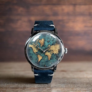 Vintage World Map Mechanical Leather Watch, Retro World Map Mechanical Watch, Mechanical Wrist Watch, Lady Size Mechanical Watch