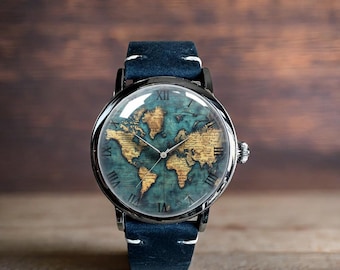 Vintage Retro World Map Art Mechanical Leather Wrist Watch