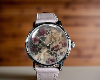 Vintage Floral Flower Rose Art Mechanical Leather Wrist Watch