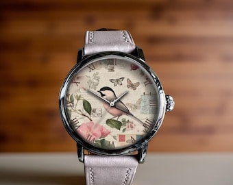 Bird Butterfly Flower Floral Bird Art Mechanical Leather Wrist Watch