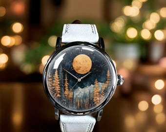 Moon Tree Mountain Art Mechanical Leather Wrist Watch