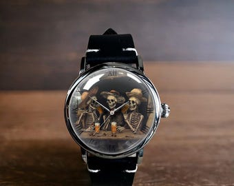 Skull Skeleton's Drinking Beer Art Mechanical Leather Wrist Watch