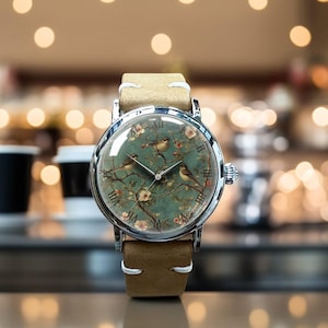 Retro Birds and Flowers Mechanical Leather Watch, Bird Mechanical Watch, Mechanical Wrist Watch, Lady Size Mechanical Watch