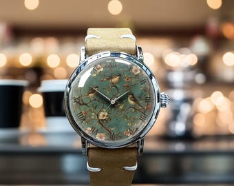 Montre-bracelet mécanique en cuir artistique rétro avec oiseaux et fleurs