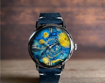 Van Gogh Art Style Mechanical Leather Wrist Watch