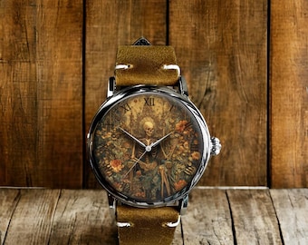 Gothic Skeleton Floral Skeleton Art Mechanical Leather Wrist Watch