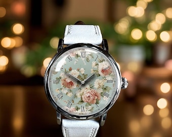 Vintage-Inspired Floral Pattern With Rose Art Mechanical Leather Wrist Watch