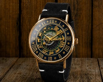 Celestial Zodiac Quartz Watch, Astrology Dial, Gothic Astronomical Design