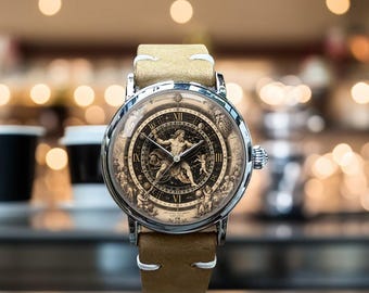 Reloj mecánico mitológico, esfera del zodíaco celestial, reloj de astrología antiguo