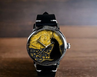 Van Gogh Starry Night Black Cat Art Mechanical Leather Wrist Watch