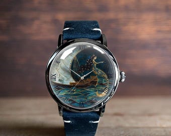 Vintage Mermaid Retro Mermaid Art Mechanical Leather Wrist Watch