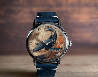 Blåval japansk konst mekanisk läderarmbandsur