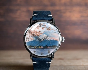Mount Fuji Japan Japanese Art Mechanical Leather Wrist Watch