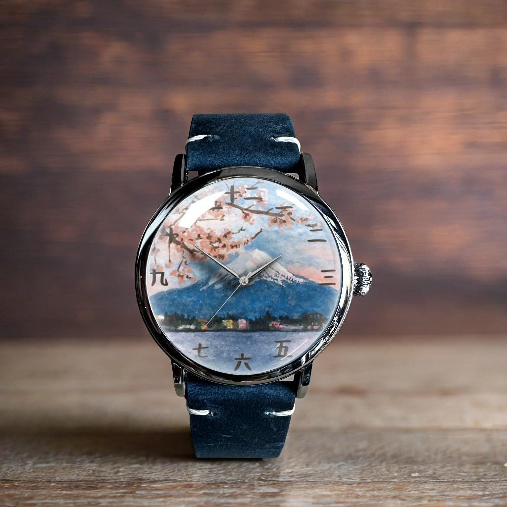 Mount Fuji Japan Japanese Art Mechanical Leather Wrist Watch  display picture 1