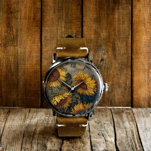 Van Gogh Sunflower Art Style Mechanical Leather Watch, Van Gogh Art Mechanical Watch, Mechanical Wrist Watch, Lady Size Mechanical Watch