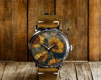 Van Gogh Sunflower Art Style Mechanical Leather Wrist Watch