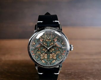 William Morris Art Style Mechanische Lederarmbanduhr