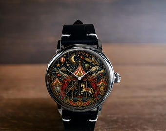 A Spectacular Night Sky Scene At A Bustling Circus Mechanical Leather Wrist Watch