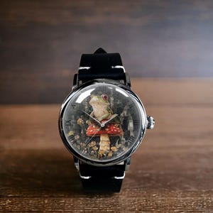 Frog on a Mushroom Mechanical Leather Watch, Frog Mushroom Mechanical Watch, Mechanical Wrist Watch, Lady Size Mechanical Watch