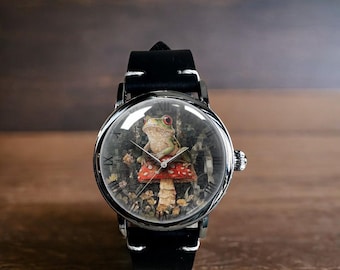 Frosch auf einem Pilz Art Mechanische Lederarmbanduhr