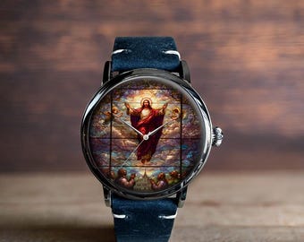 Glasmalerei Jesus Christus Kunst Mechanische Leder Armbanduhr