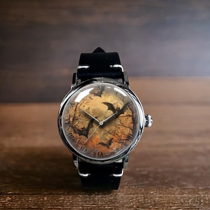 Gothic Bat Mechanical Leather Watch, Bat Halloween Mechanical Watch, Mechanical Wrist Watch, Lady Size Mechanical Watch