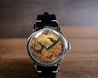 Gothic Bat Halloween Bat Art Mechanical Leather Wrist Watch
