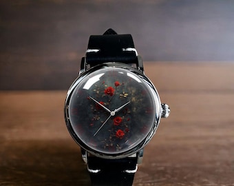Red Rose Red Flower Art Mechanical Leather Wrist Watch