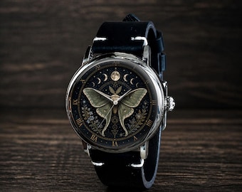 Alchemist Moth Mechanical Leather Watch, Moon Phase Gothic Celestial Gift