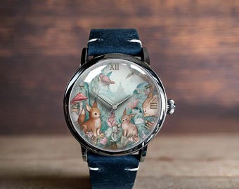 Forest Animals Art Mechanical Leather Wrist Watch