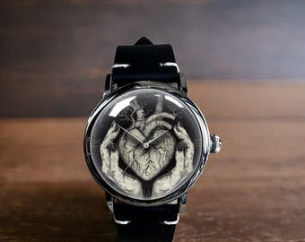 Goth Heart Dark Art Mechanical Leather Wrist Watch